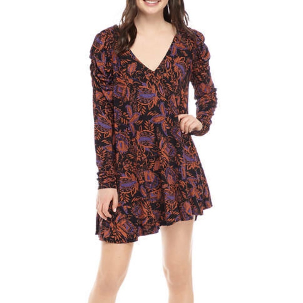 Free People NWT Floral Long Sleeve Mini Dress Noir Combo Size Large - Picture 2 of 11
